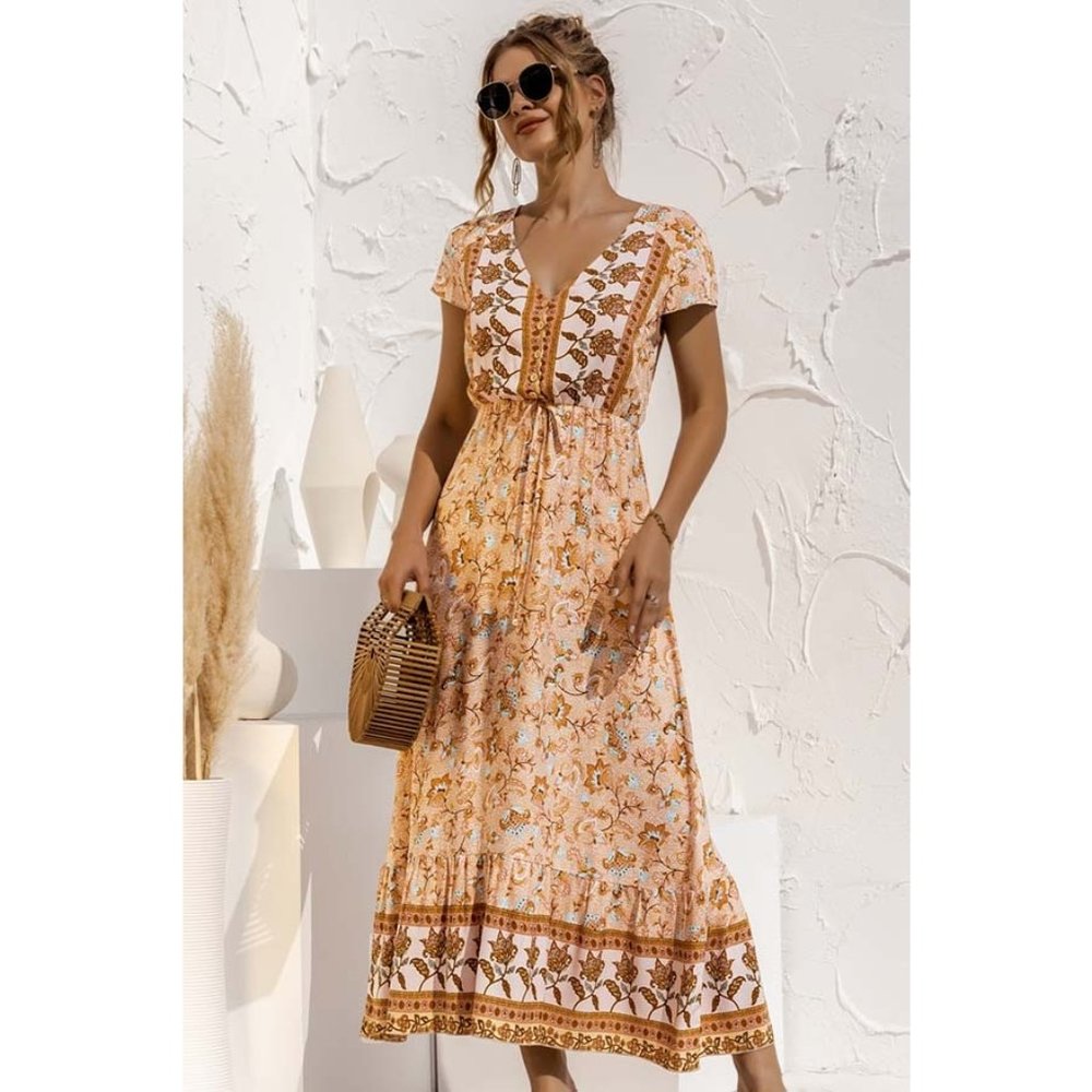 Boho Floral Print V-Neck Midi Dress - Picture 1 of 2